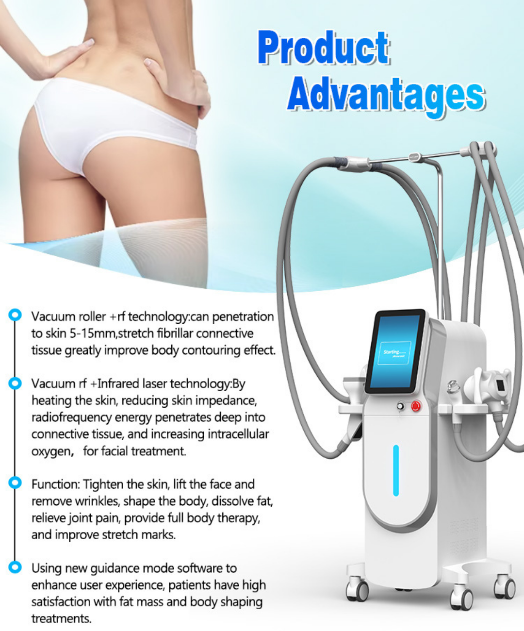 Professional 5 in 1 Body Contouring and Skin Tightening Machine with Vacuum Roller RF and Infrared Laser Therapy